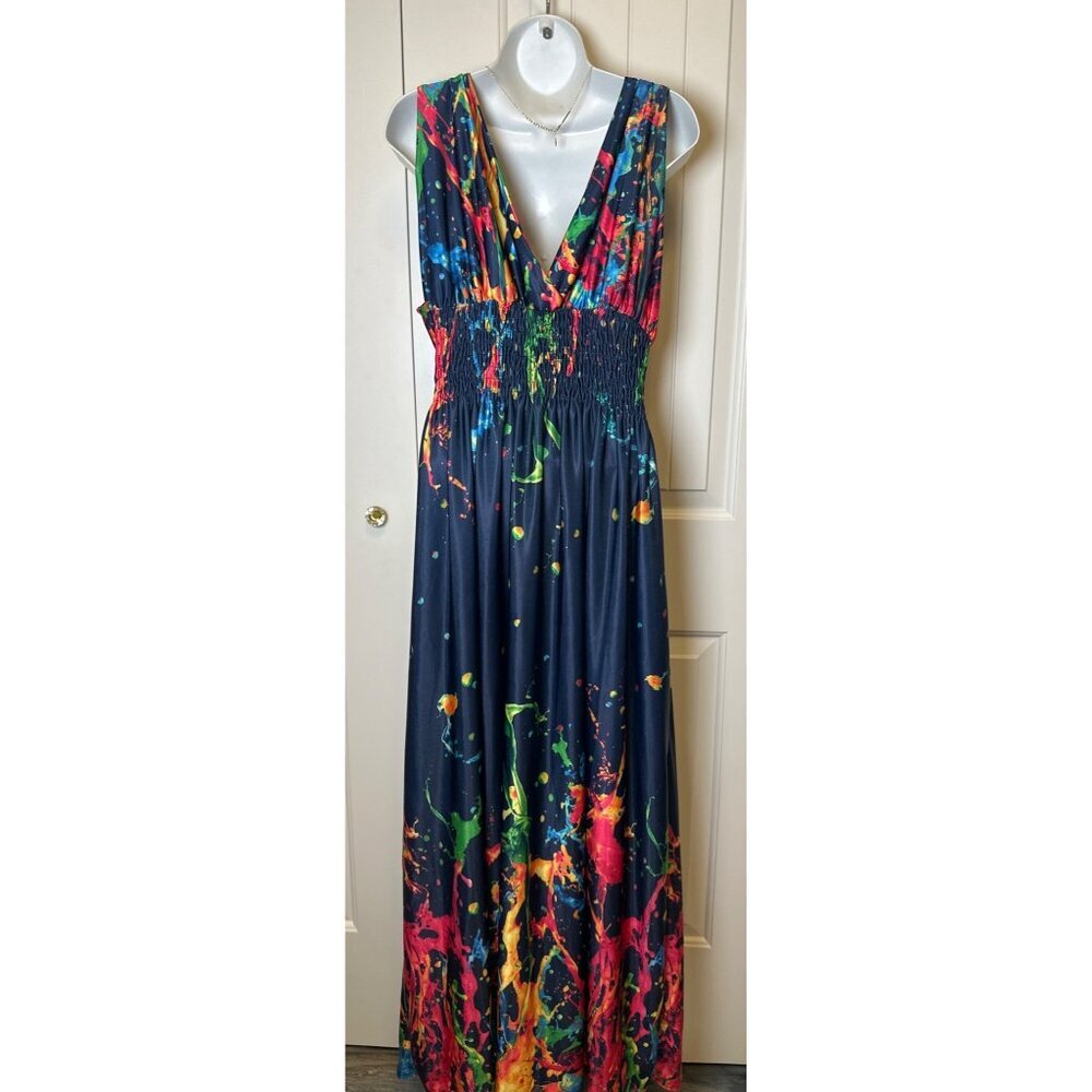 TianmeiHeyi Colorful Abstract Print Maxi Dress With V-Neck & Smocked Waist, 4XL - Picture 6 of 10